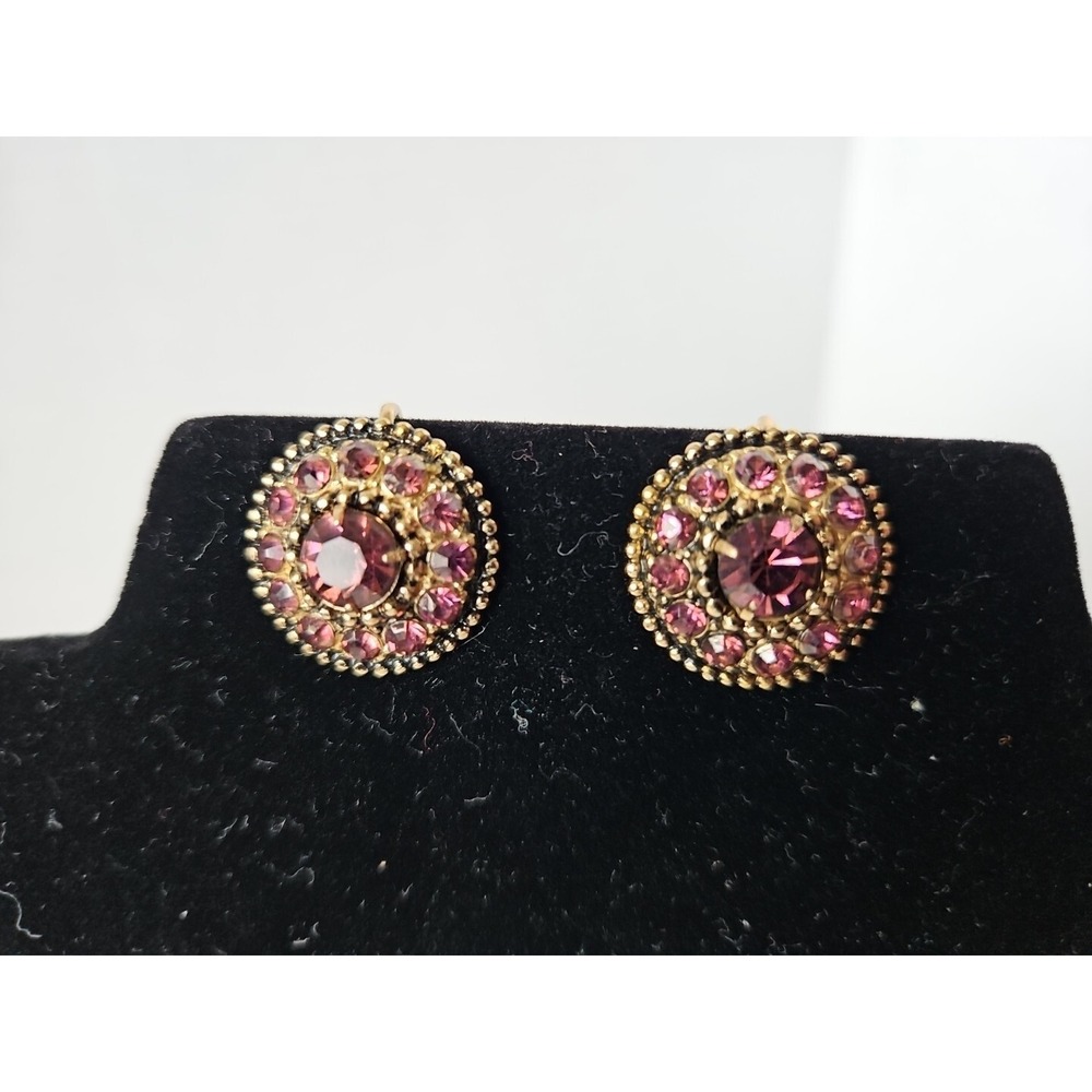ELEGANT VTG CORO Amythist Color RHINESTONES GOLDEN MCM ROUND Screw EARRINGS